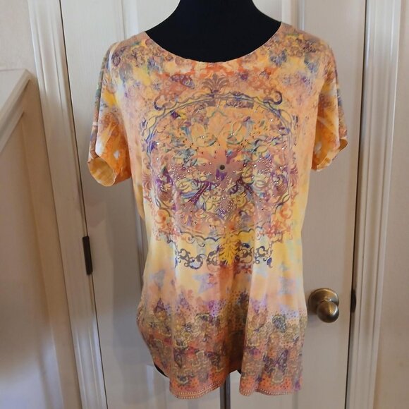 Tops - Vintage Y2K butterfly print short sleeve top rhinestone bling accents size XL